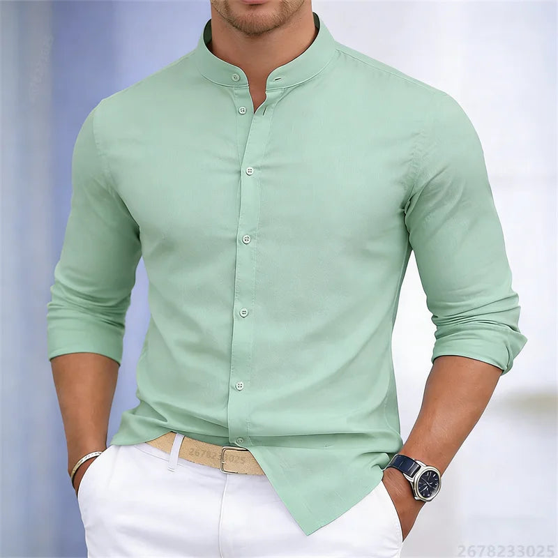 Men's stand-up collar white or black long-sleeved shirt, solid color shirt, slim fit business casual men's top, sizes XS-6XL.