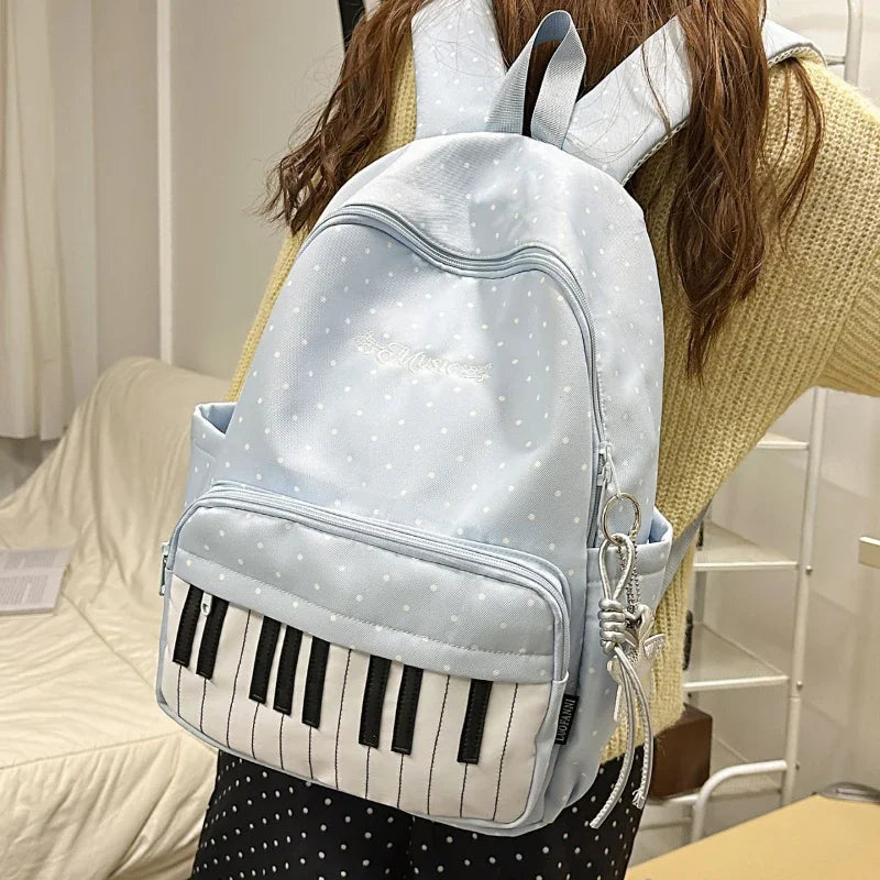Polka Dot Piano Keyboard Backpack Back-to-school Girl Music Theme Embroidered Nylon Backpack Large Capacity Lightweight Backpack