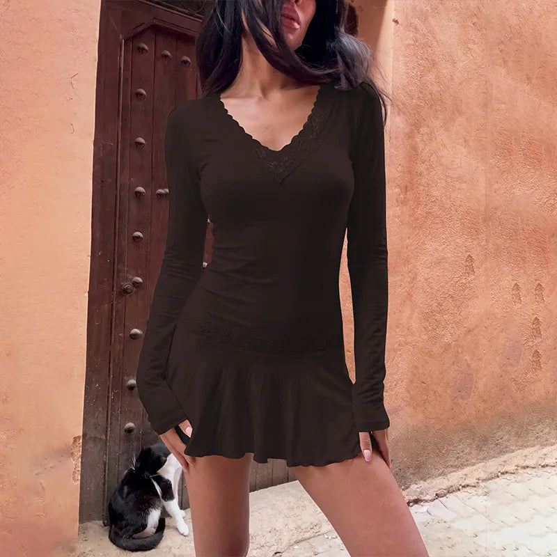 FDYOUI Casual Sexy V-neck Lace Patchwork Mini Dresses Women Long Sleeve Pleated Slim Holiday Dress Party Club Outfit Streetwear