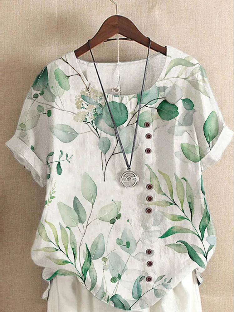 2025 Summer retro fashion printed loose casual shirt top, suitable for casual or vacation ladies' beachwear