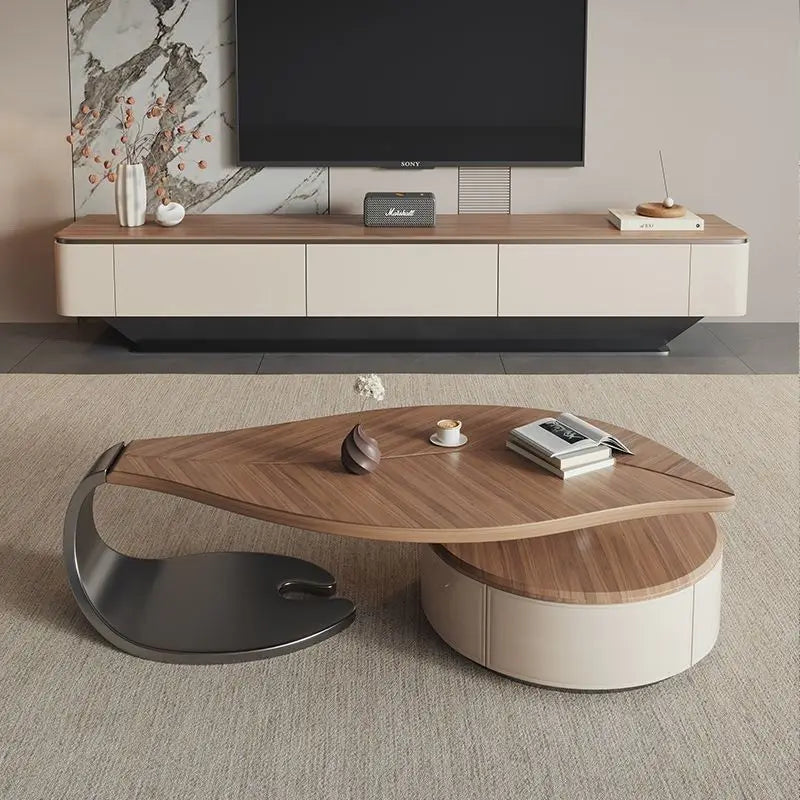 French antique leaf-shaped solid wood coffee table with walnut veneer for living room furniture