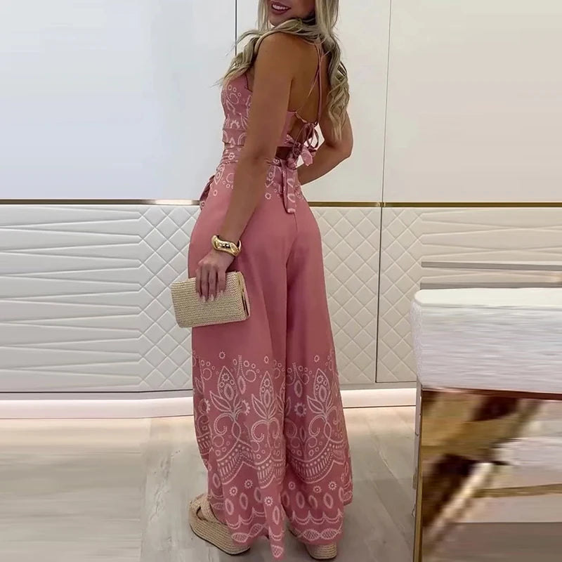 Elegant Halter Sleeveless Blouse & Lace-up Pant Set Casual Lace-up Party 2Pc Outfit Women Fashion Pattern Print Bohemian Outfits