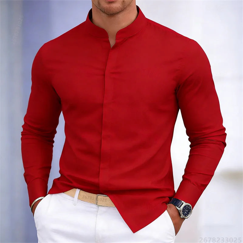 Men's stand-up collar white or black long-sleeved shirt, solid color shirt, slim fit business casual men's top, sizes XS-6XL.