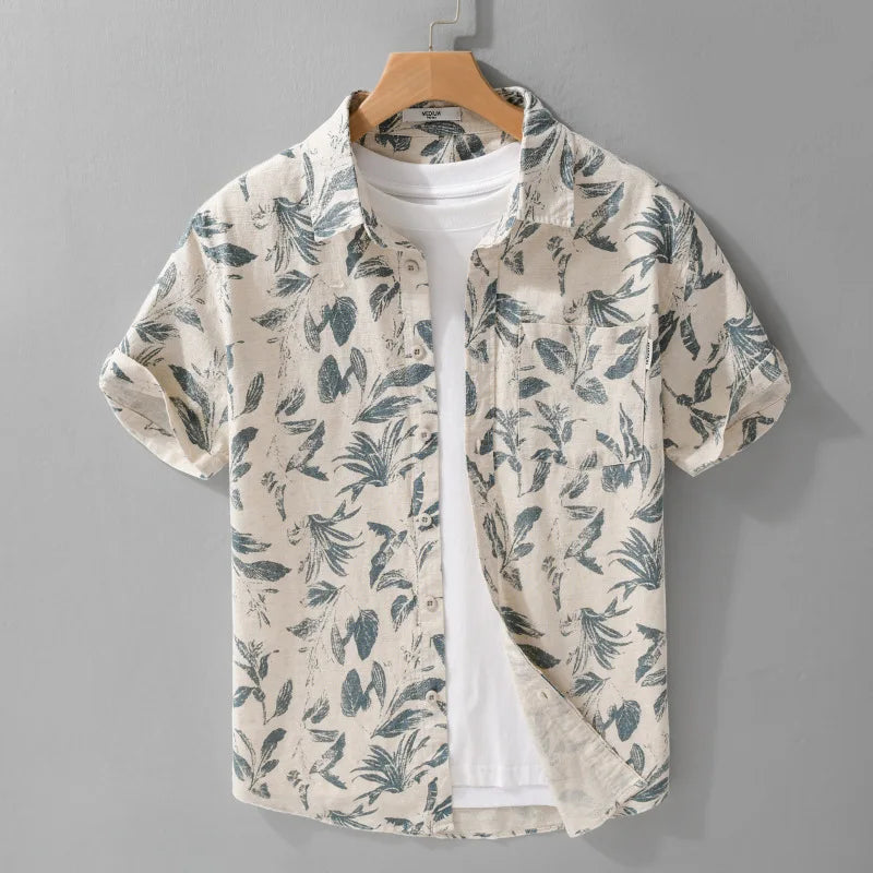 Summer New Printed Breathable Linen Cotton Short Sleeve Shirt for Men Clothing Casual Turn-down Collar Summer Shirt FY736