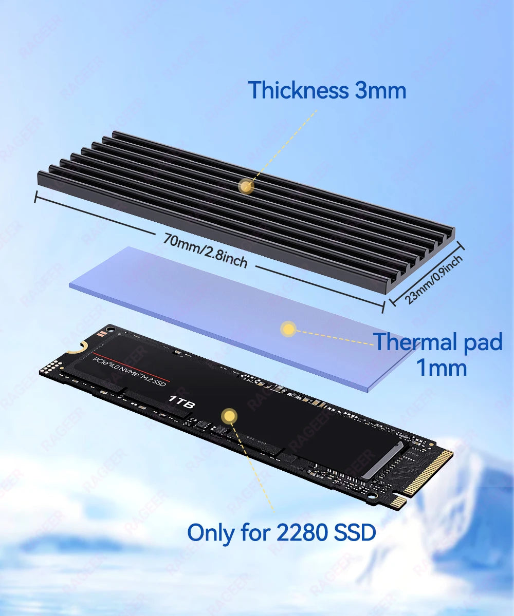 RAGEER M.2 Solid State Drive Heat Sink Aluminum Alloy M.2 2280 SSD Cooler with Thermal Pad，for 2280 Drives