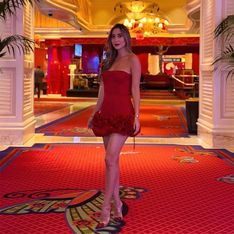 3D Flower Strapless Dresses Women Sexy Backless Sleeveless Tube Mini Dress 2026 Summer New Lady Elegant Bandage A-line Vestidos