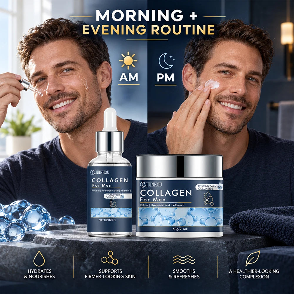 JUINHOU Men Facial Hydration Cream Serum Set Collagen Moisturizing Anti Aging Oil Control Firming Refreshing Non-Greasy Skincare