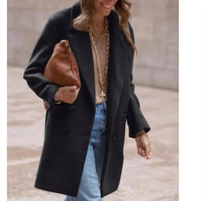 Wool Blends Winter Women's Jacket Lining Elegant Lapel Coat Double Breasted Minimalist Street Women's Jackets