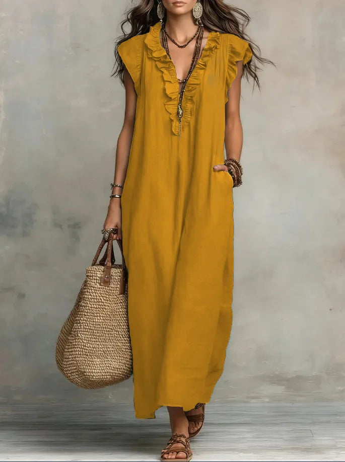 Women Spring Summer Boho Flutter Sleeve Floor Length Maxi Dress Elegant Beach Long Dress