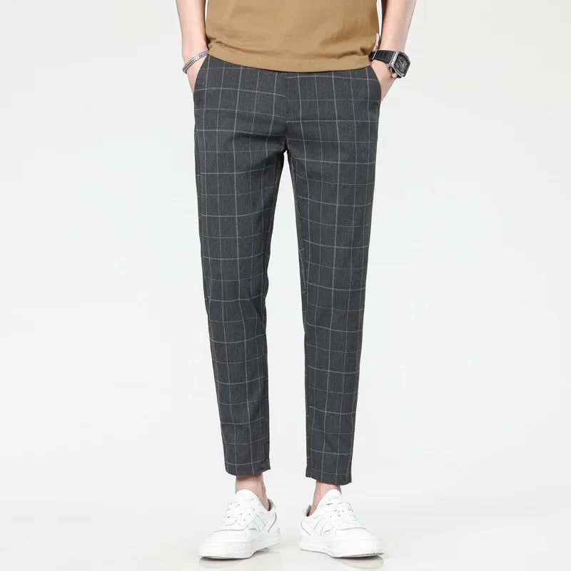 2025 Spring/Summer Men's Elastic Slimming Straight Leg Casual Pants Fashion Breathable Grid Design Sports Pants