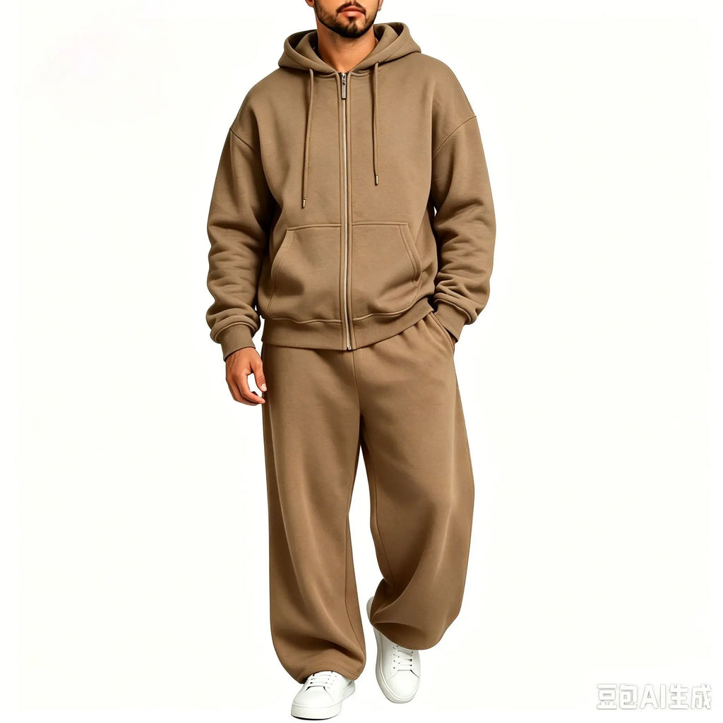 Women's Autumn Winter Fleece-lined Warm Tracksuits Zip-up Hooded Sweatshirt And Drawstring Pants Two Piece Set