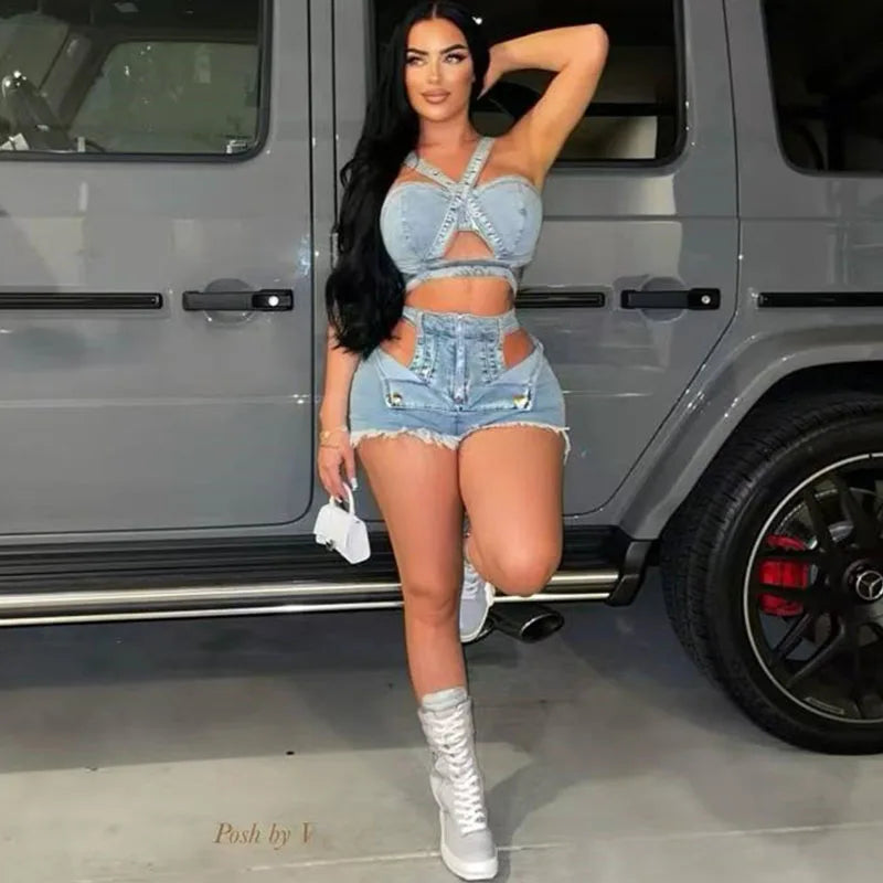 Streetwear Denim Two Piece Set Women Festival Outfit Y2K Hollow Out Strap Strapless Crop Top and Shorts Club Party Matching Sets