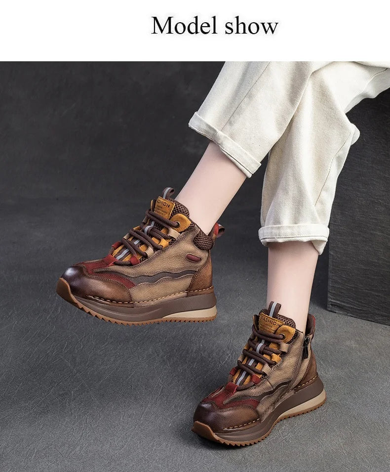 DRKANOL 2026 Women Boots Autumn Winter Mixed Colors Genuine Cow Leather Warm Ankle Boots Ladies High Top Casual Sneakers Shoes
