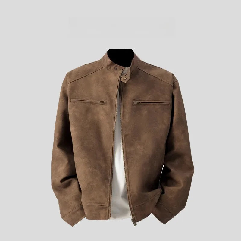 Men's American Retro Brown Leather Jacket Men Motorcycle Er Jacket Casual Baseball Varsity Coat Couple Streetwear Outerwear