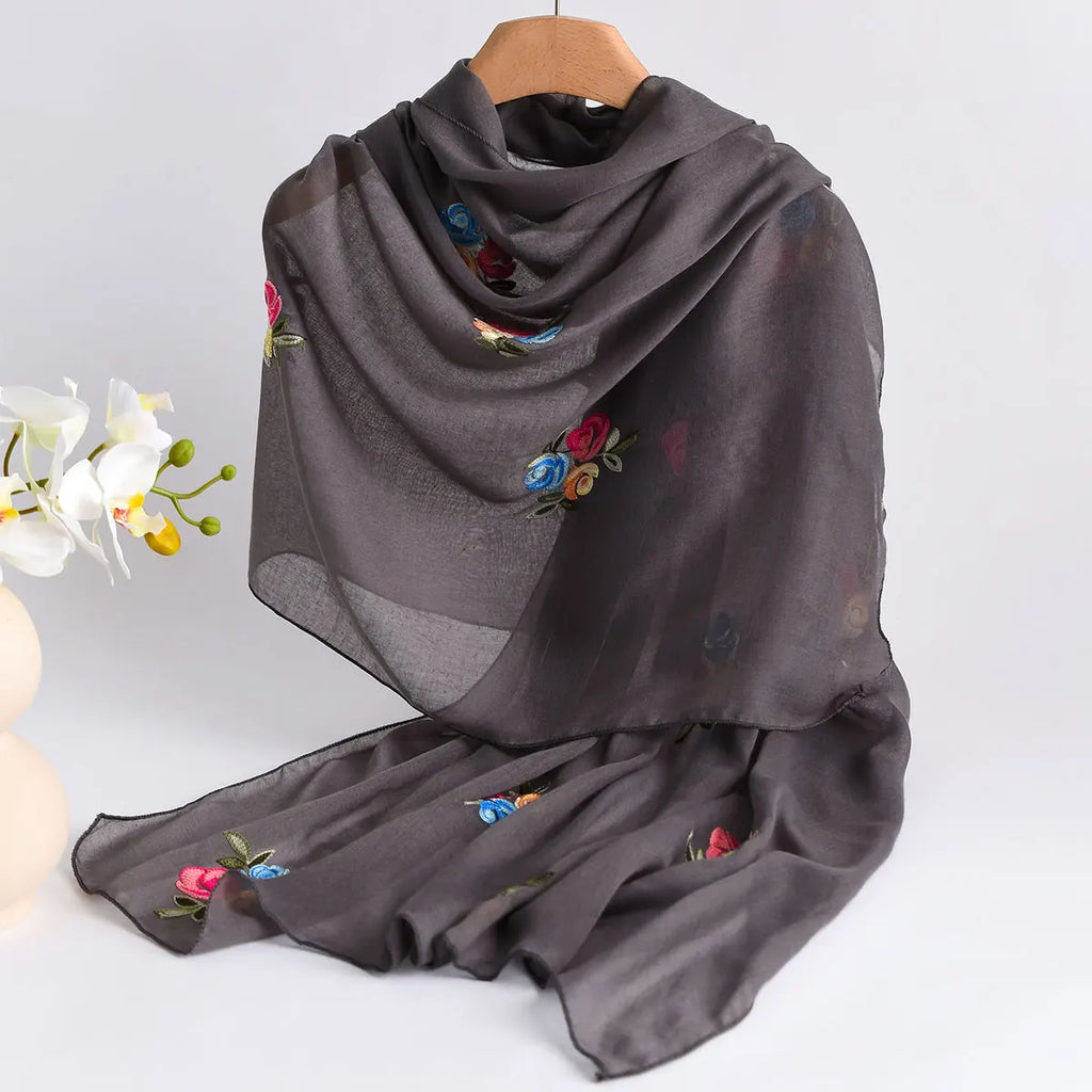 Spring and Summer Lightweight Breathable Cotton and Linen Embroidery Scarf Ethnic Style Fashionable Soft Women's Sunscreen Scarf