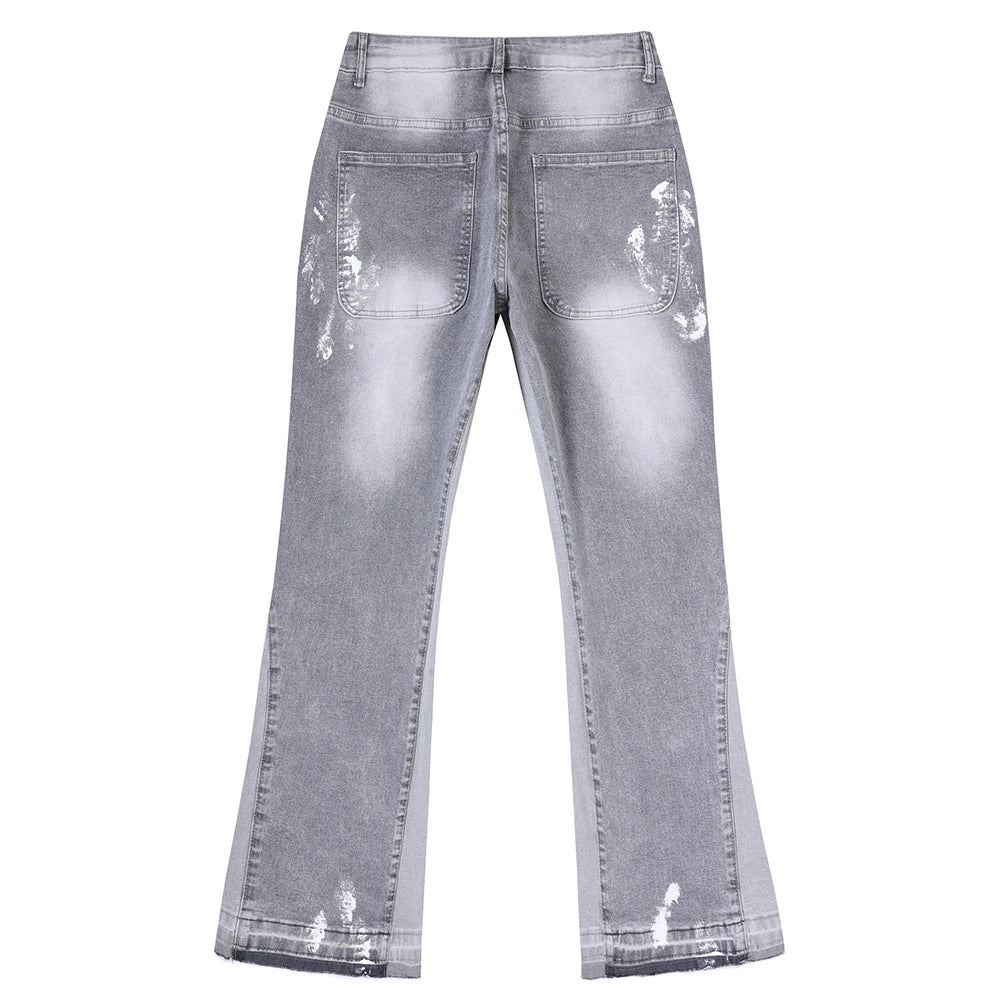 Men Painted Flared Denim Jeans Spliced Slim Boot Cut Pants Vintage Grey Cotton Released Hem Trousers