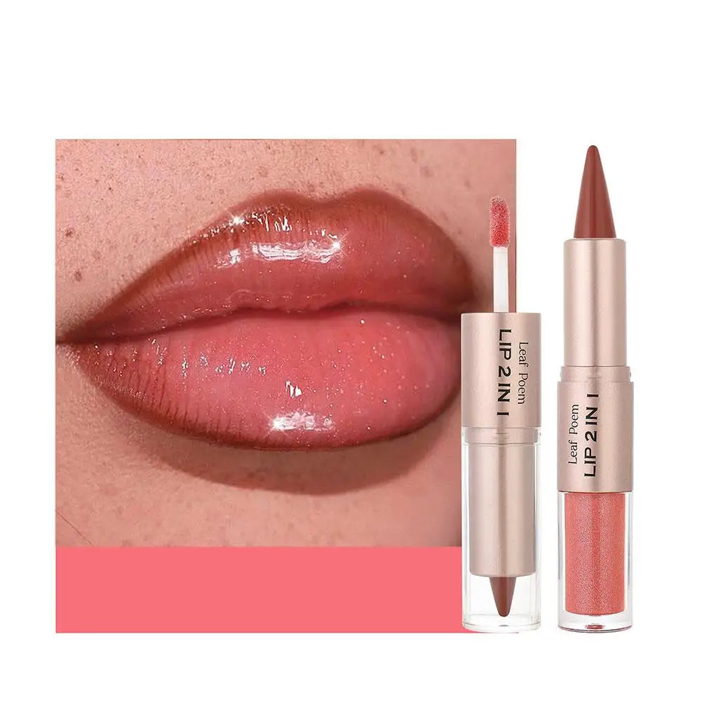 Waterproof Contour Non Stick Makeup Double-headed Matte Mirror Design Lip Glaze Nude Brown 2-in-1 Tapered Gradient Lip Liner Pen