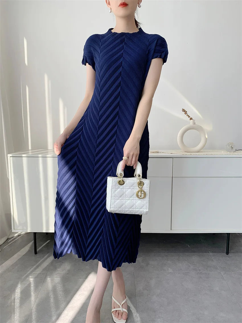 Miyake Handmade Pleated Dress Women's 2026 Spring New Solid Color Half-high Collar Sleeves Pullover Elegant Pleated Skirt