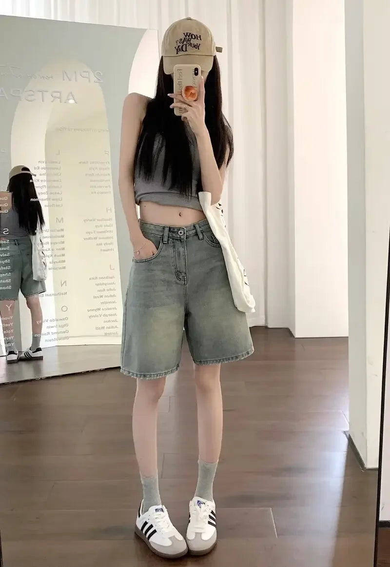 Summer High Waist Retro Jean Shorts for Women Loose Straight Denim Fashion Versatile Leisure Shorts Women's 2026