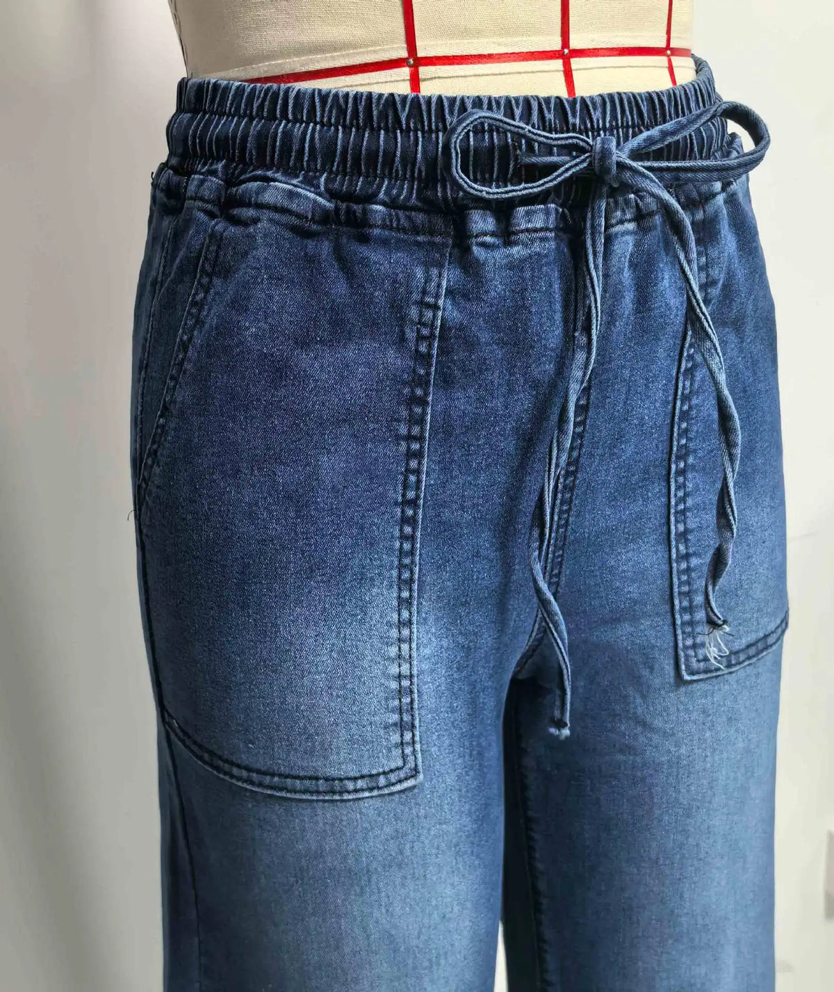 Chic High Waist Drawstring Denim Pants Women's Straight Wide Leg Jeans Fashion Trousers