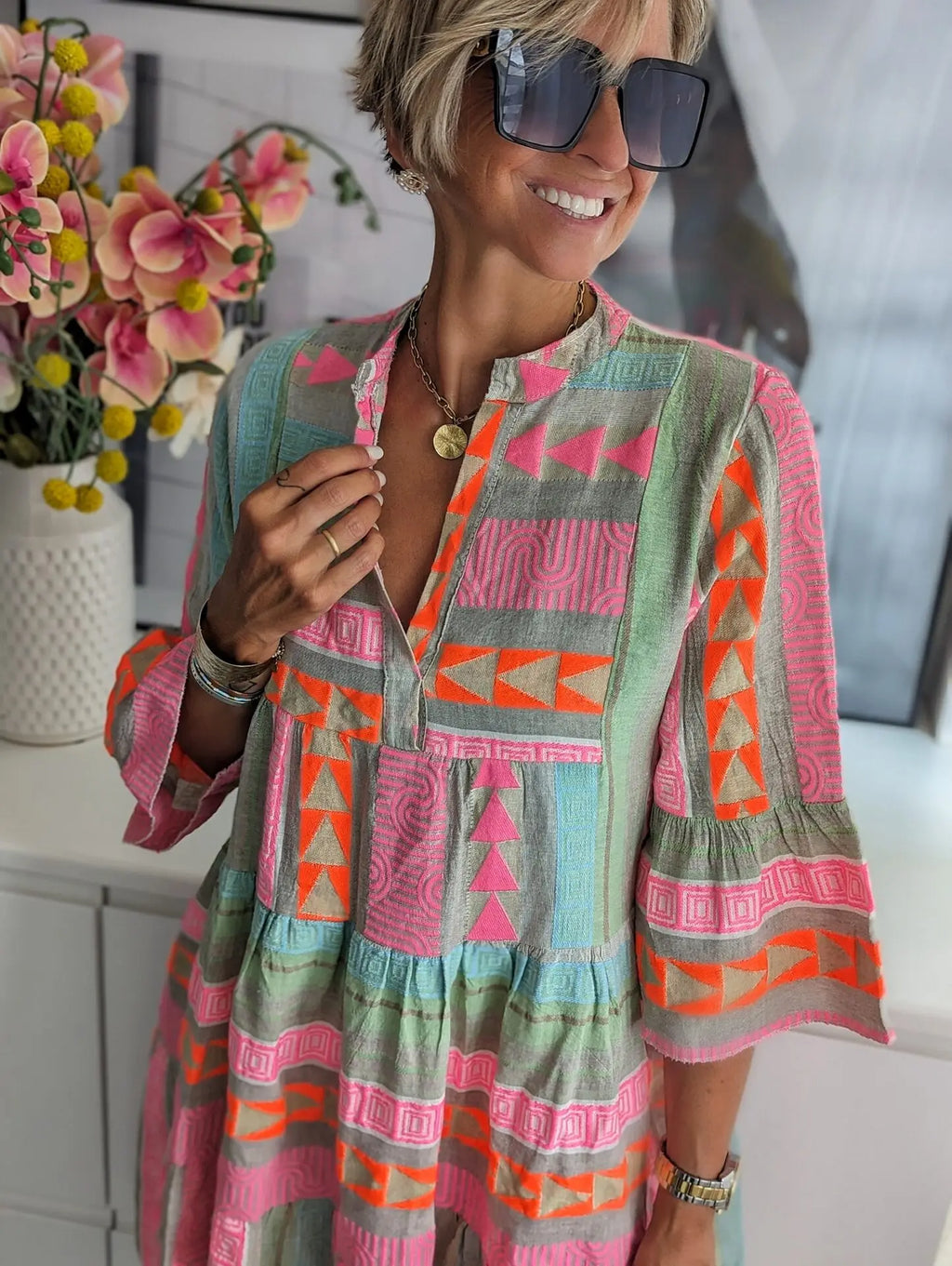 2026 Women Dresses V Neck Three Quarter Sleeve Pullover Dress Print Floral Vestidos Knee Length Loose Fit Casual Summer
