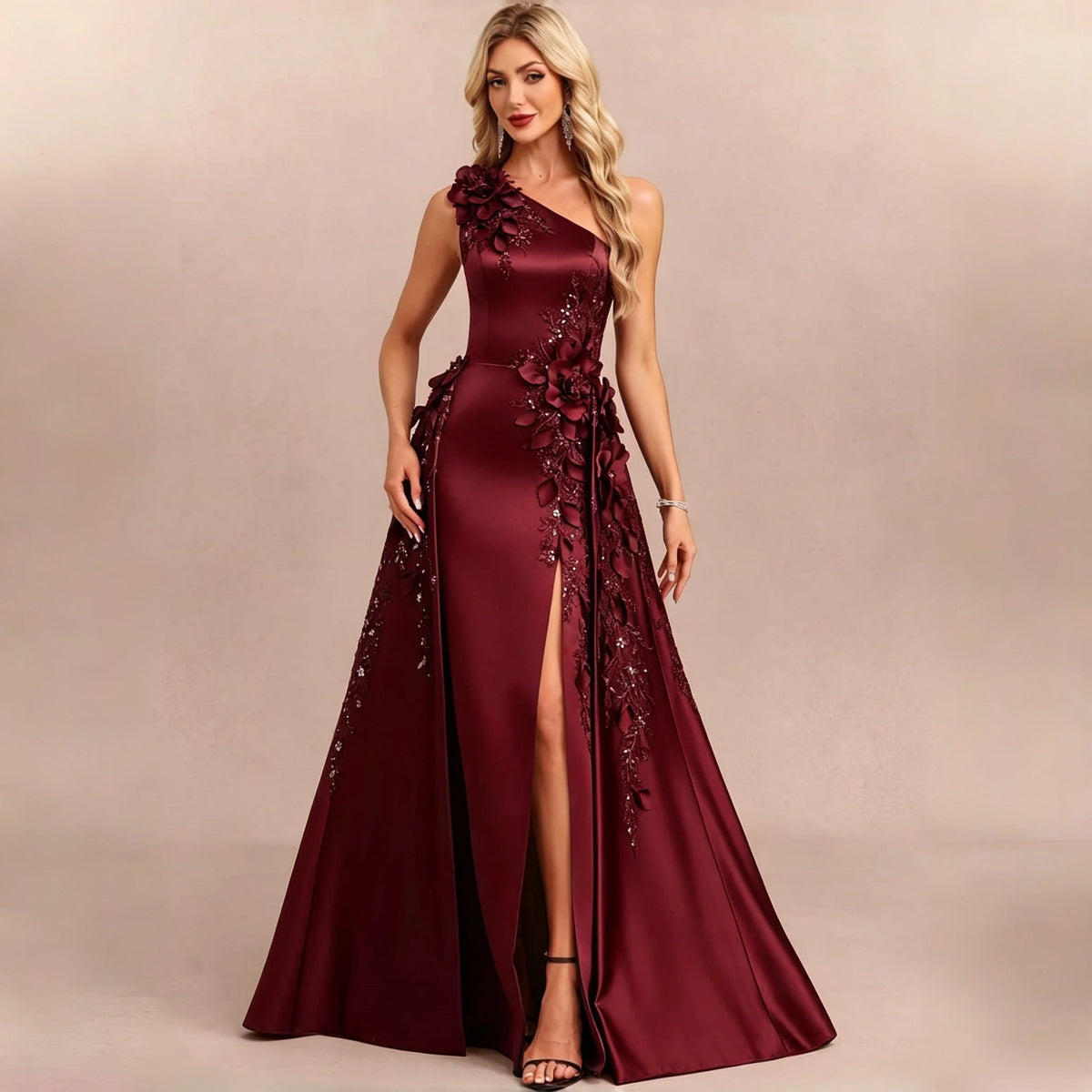 One Shoulder Satin Bridesmaid Dresses 3D Floral Applique Sequin High Slit Overskirt Formal Evening Maxi Gown Wedding Party Dress