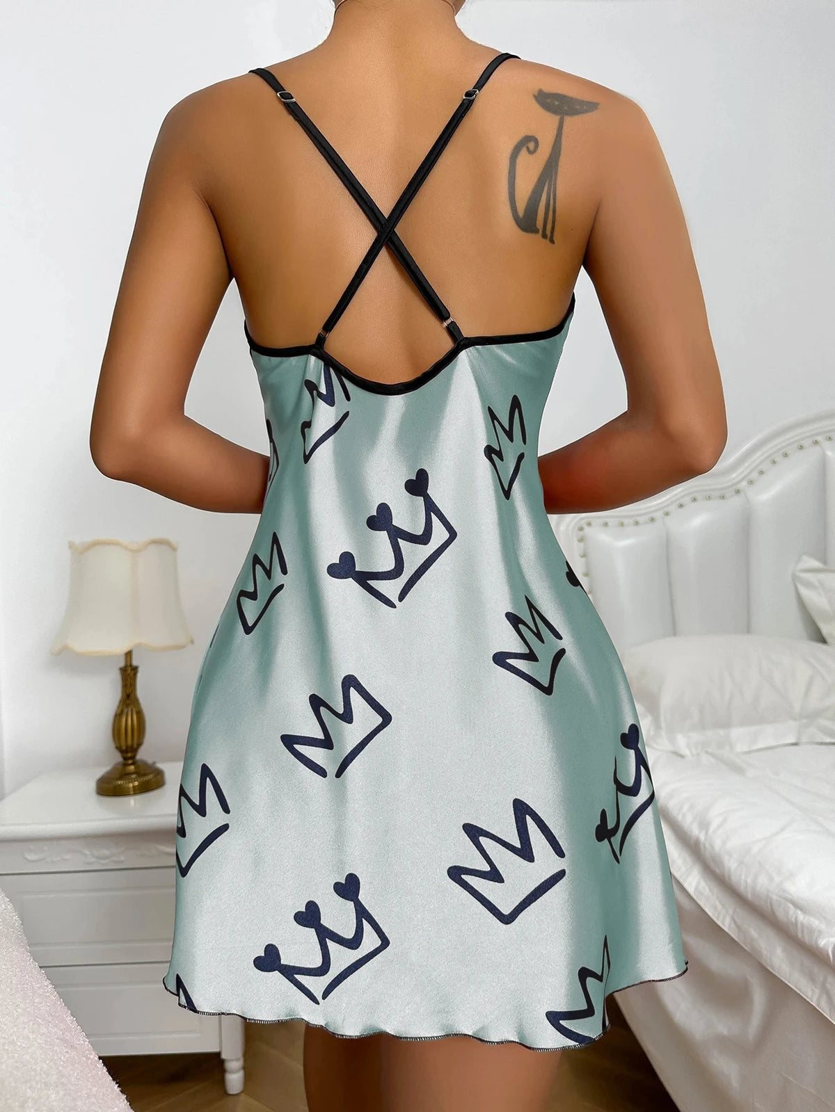 Heart Print Nightdress Elegant Scoop Neck Criss Cross Back Sleep Dress Women's Sleepwear