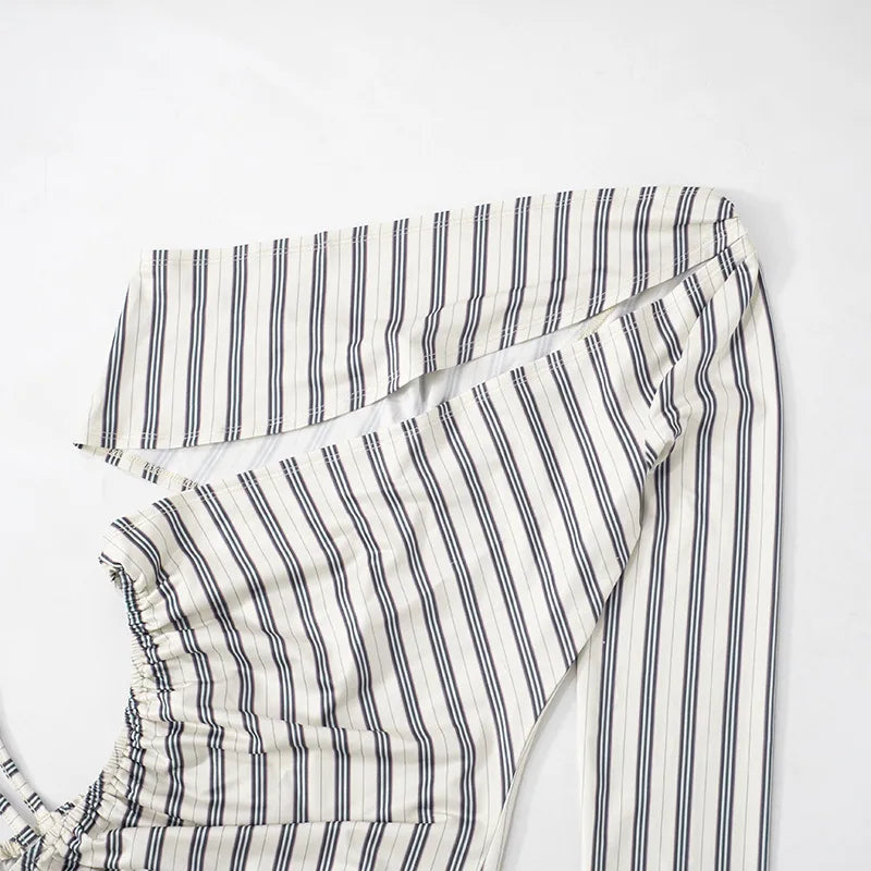 Fashion Women's Sexy Hollow Jumpsuit 2025 Spring Ruched Irregular Hipster Club Stripes Print Full Sleeve Midnight Party Overalls