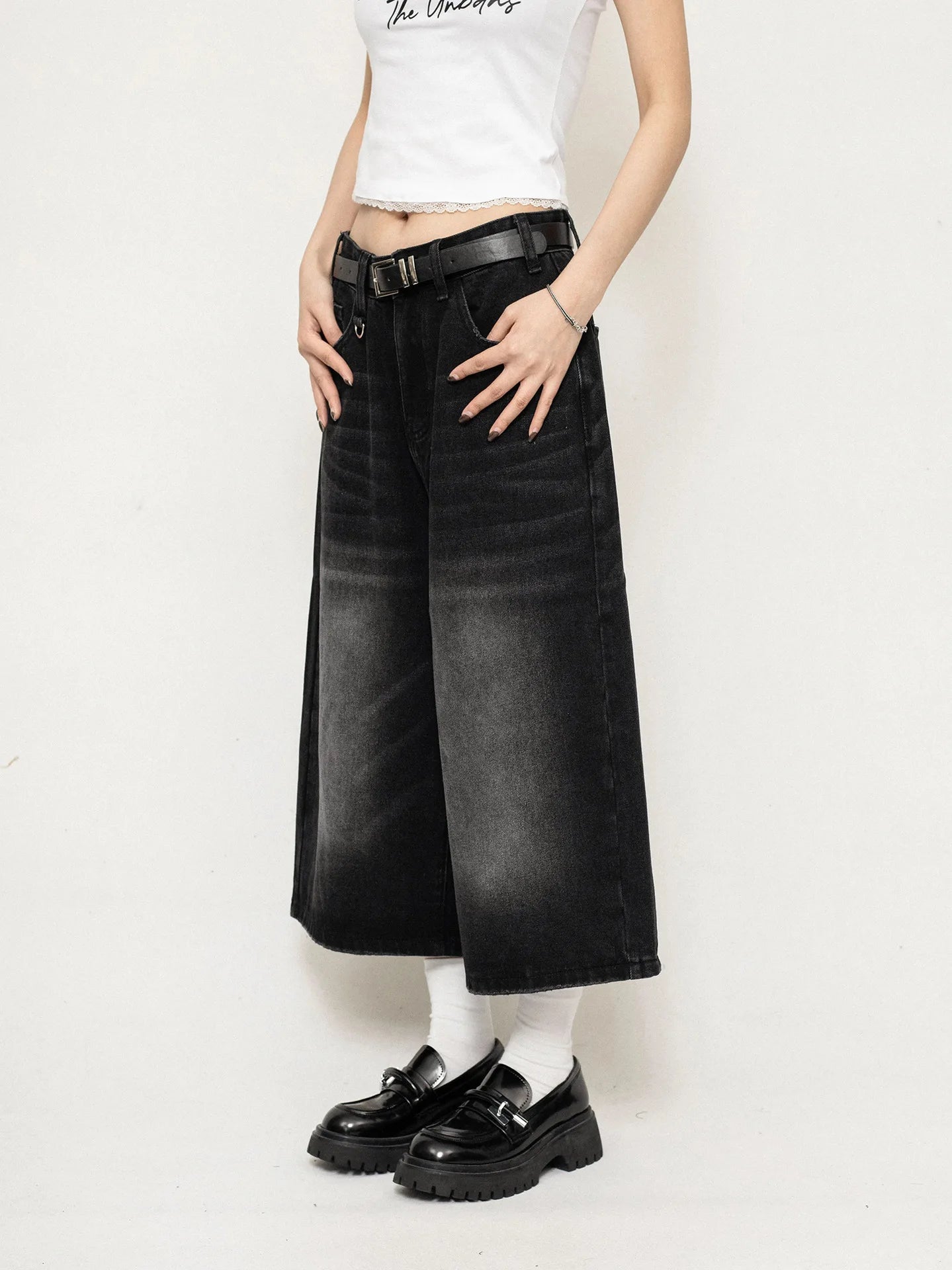 High Waist Black Retro Washed Denim Shorts Women's Harajuku Vintage Fashion Casual Loose Y2K Streetwear Mid Long Wide Leg Pants