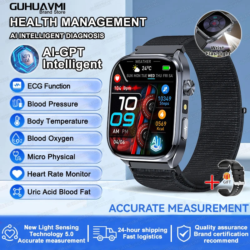2026 New AI-Diagnosis Care Smartwatch Accurate ECG Uric Acid Lipids Blood Pressure Body Fat IP68 Waterproof Fitness Smartwatch