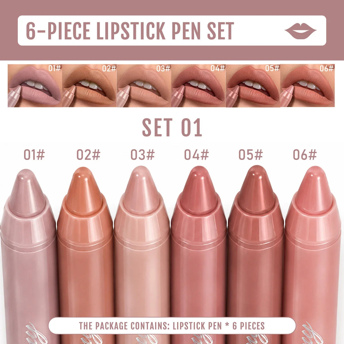 6PCS/SET Velvet Matte Lip Crayon Light Non Dry Texture Even Color Payoff Waterproof Fade Resistant Lip Pen Compact Packaging Neutral Daily Shades Basic Lip Cosmetic Kit For Makeup Beginners