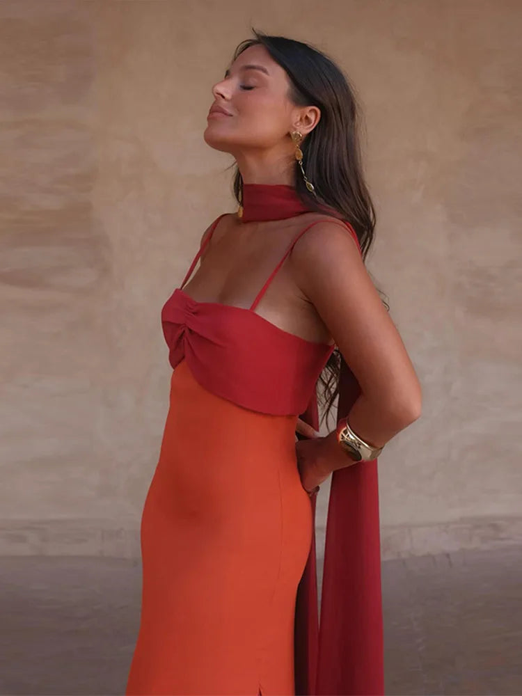 Color Block Twist Bust Slit Maxi Dress Spaghetti Strap Form-Fitting 2026 Summer Fashion Chic Bold Women Wedding Guest Gala Dress
