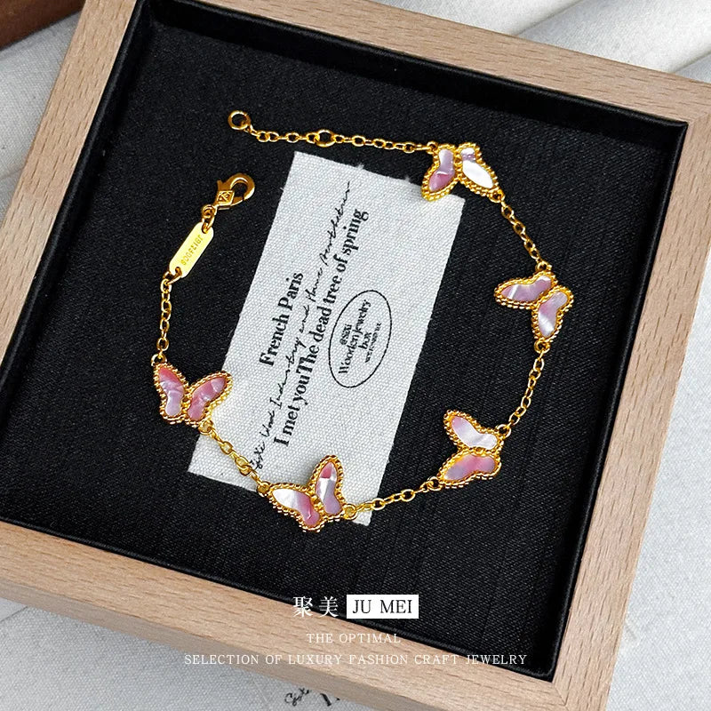 Light luxury high-end five butterfly bracelets 9999 24K real gold versatile ins style mother-shell pink women's bracelets