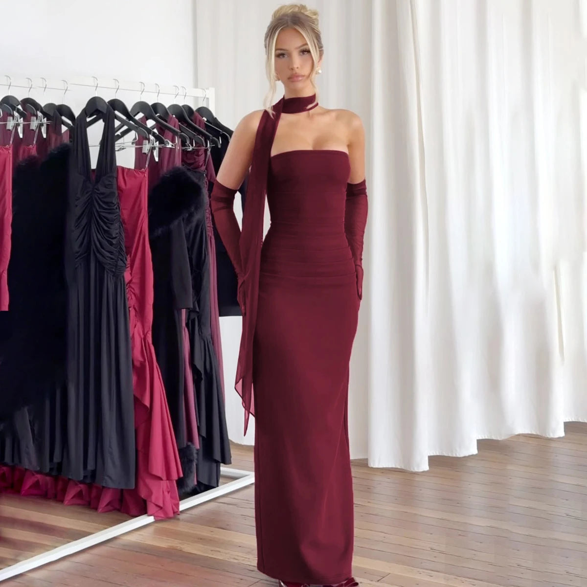 Hugcitar Elegant Scarf Strapless Solid Mesh Gloves Sexy Bodycon Maxi Prom Dress Women Fashion Y2K Outfits Wedding Party Birthday