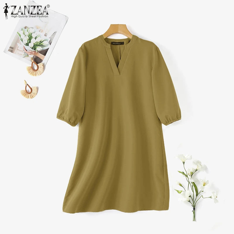 2025 ZANZEA Fashion Women V Neck 3/4 Sleeve Dress Autumn Sundress Elegant Solid OL Work Dresses Casual A Line Loose Vestido Robe