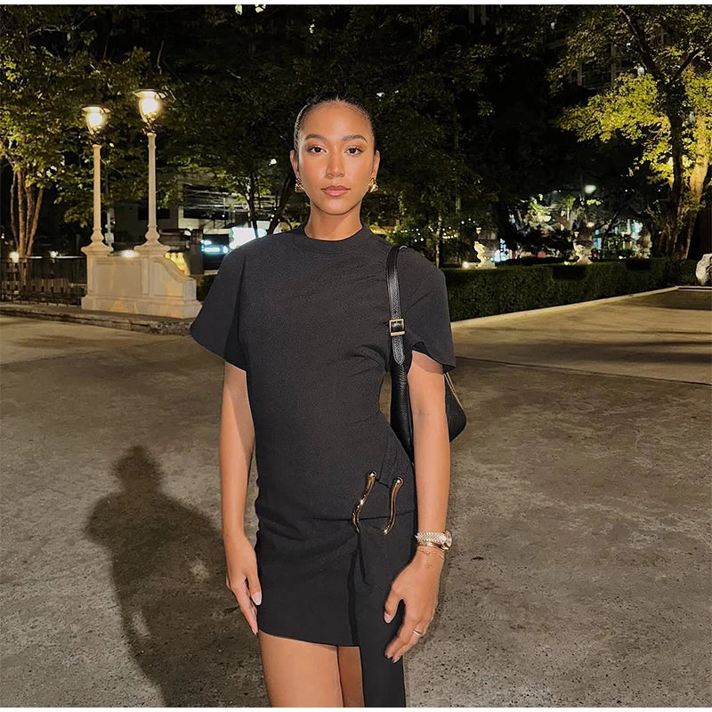 Elegant Mini Dress Woman Ribbons Slim O-neck Short Sleeve Above Knee Dresses Female Spring Summer Party Robe Lady High Street
