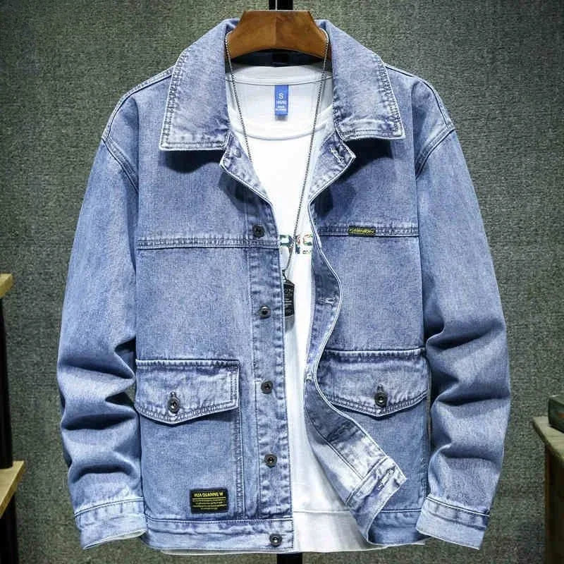 Denim Jackets Man Autumn Cargo Jeans Coat for Men Black Low Price Clothing of Fabric on Board Elatic Designer Korean Style G