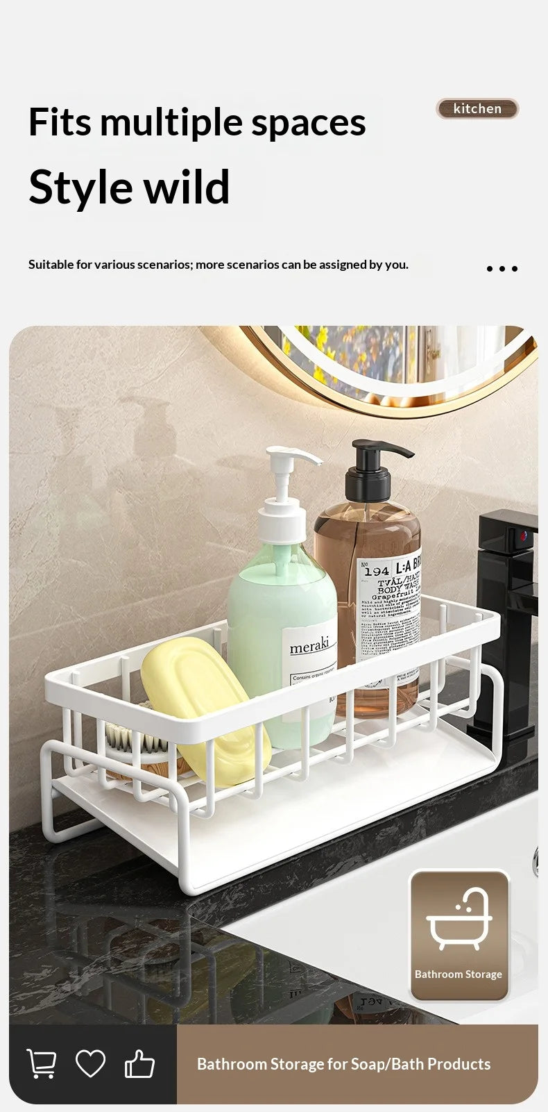 Kitchen Storage Rack and Cloth Holder, Household Sink Draining Basket, Multifunctional Countertop Sponge and Dish Soap Organizer