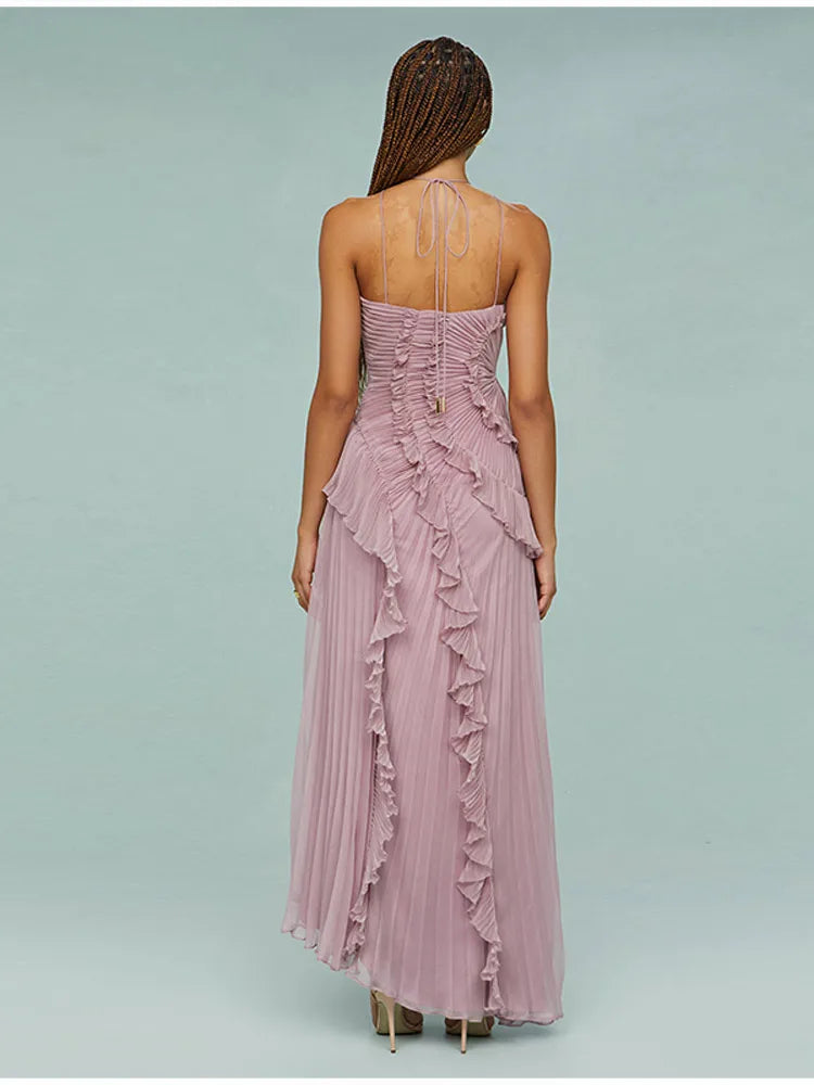 Bohemian Blue Pleated Halter Maxi Dress Women Gentle Sleeveless Asymmetric Ruffles Vestido Romantic Dinner Date Night Gowns 2026