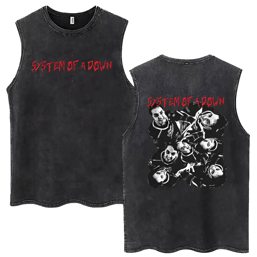 System of A Down Vintage Washed Tank Tops Men's Rock Alternative Metal Cartoon Graphic Sleeveless Vests T-shirt Male T Shirts
