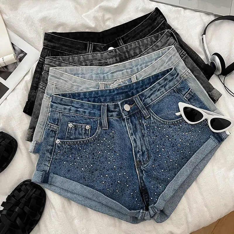 Retro Fashion Rhinestone Denim Shorts Women Pink Summer New A-Line Wide Leg Jeans Ultra Short For Hot Girls Bottoms