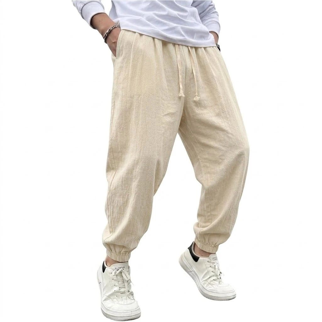 Mens Cotton Harem Pants Solid Casual Jogger Trousers Breathable Loose Fit Bottoms for Yoga Hiking Gym Sports and Daily Work Wear