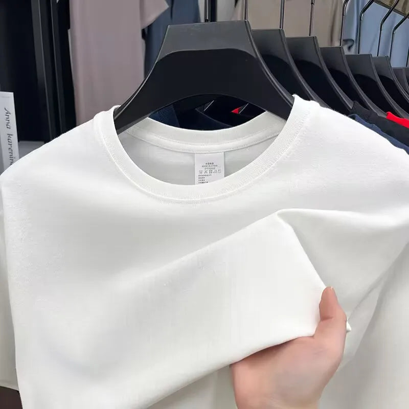 Summer 100% Cotton Men's T Shirt Bottoming Basic Fashion Short Sleeve Loose Tops Tees 230g/㎡