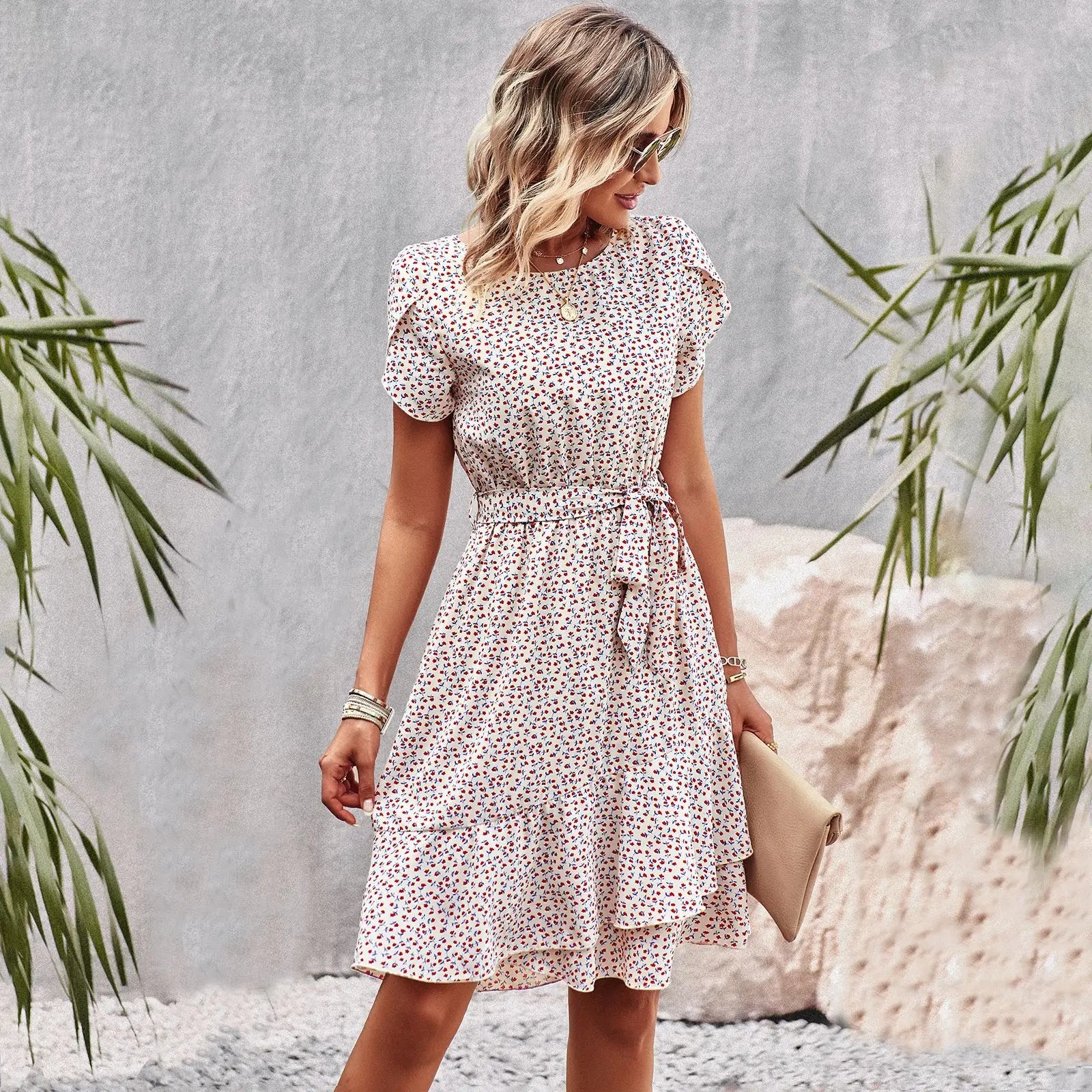 Msfilia Fashion O Neck Casual Printd Dress Women Summer Strap High Waist Pleated Dresses For Female
