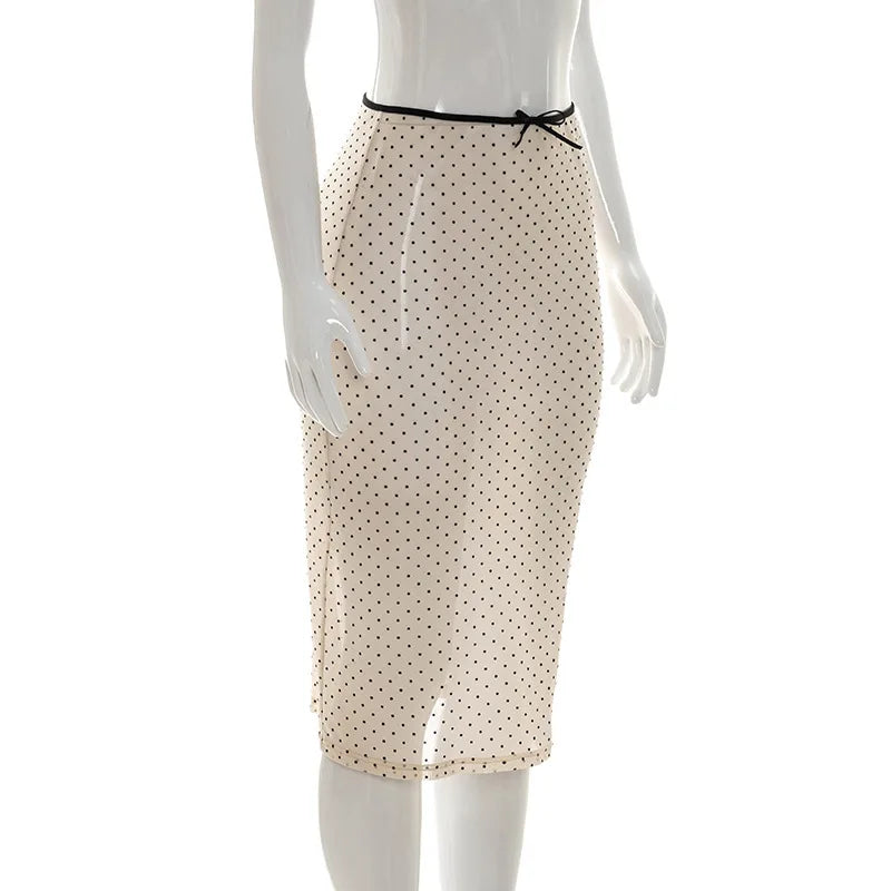 Summer Women Polka Dot Perspective Mesh Skirt Sexy High Waist Sheer See Through Midi Skirt Fashion Elegant Half Dress