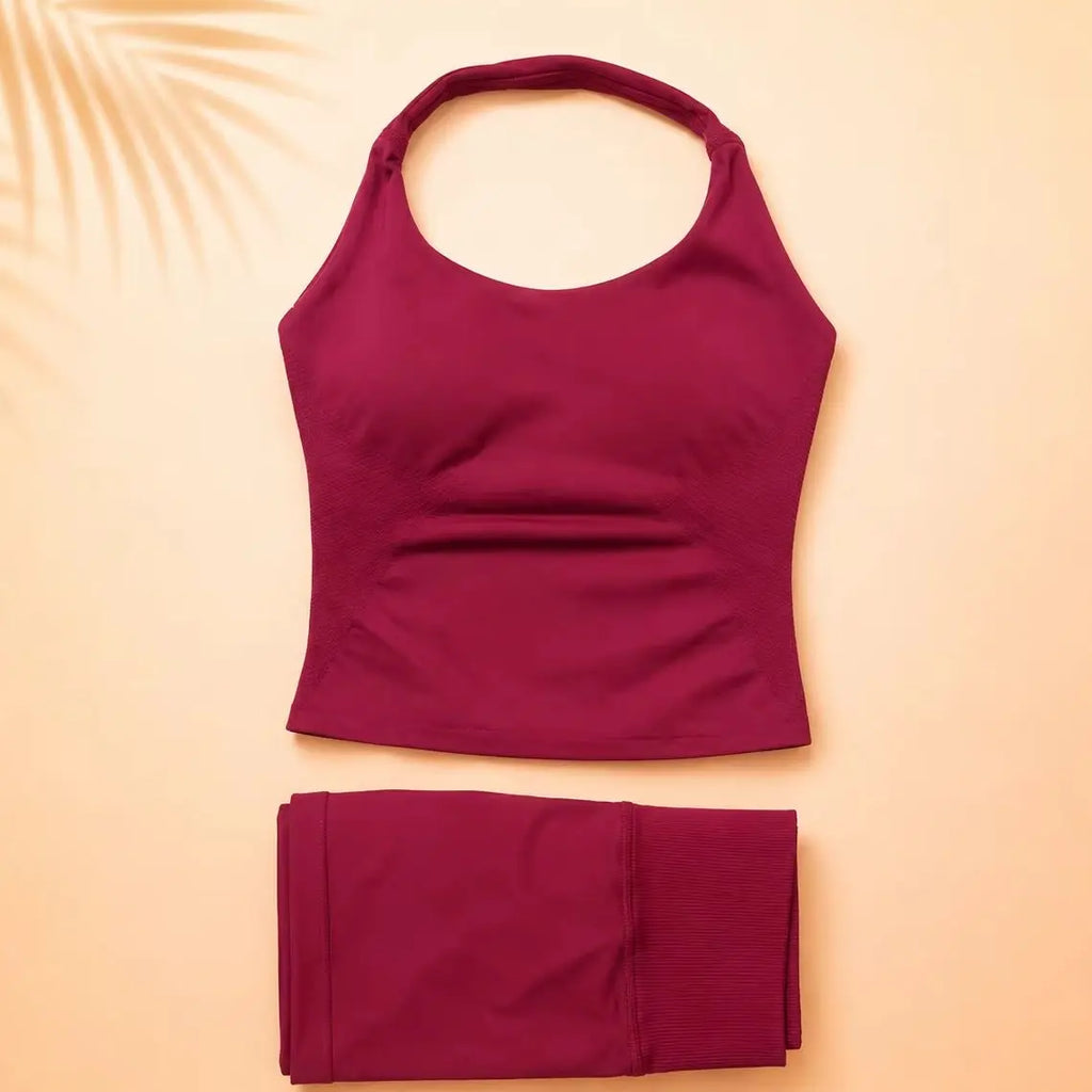 2DF-LOgo Women Halter 2Pcs Yoga Outfit PaddedCrop Tank High Waist Peach Butt ShortsSeamless Gym Pilates Sportswear