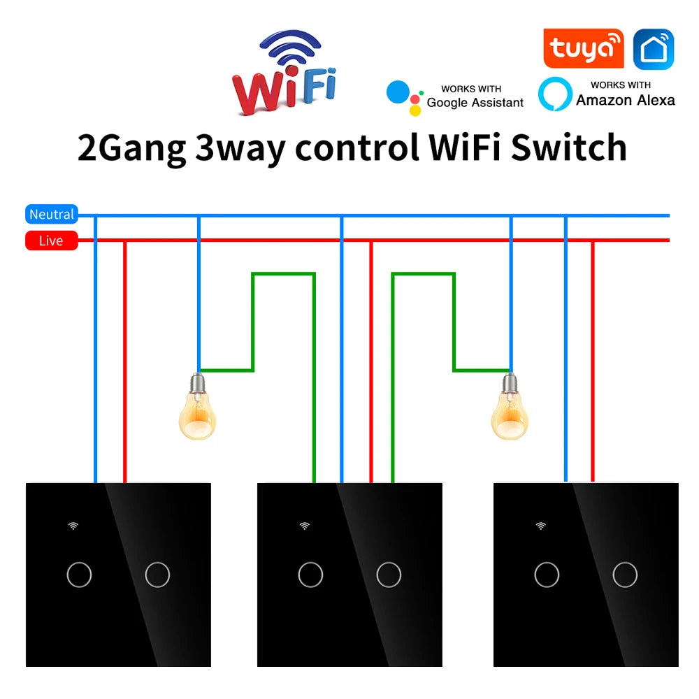 3way Wifi Switch 1/2/3gang Touch Light Switches With Tempered Glass Support Tuya Smart Life APP Voice Control For Stairs Bedroom