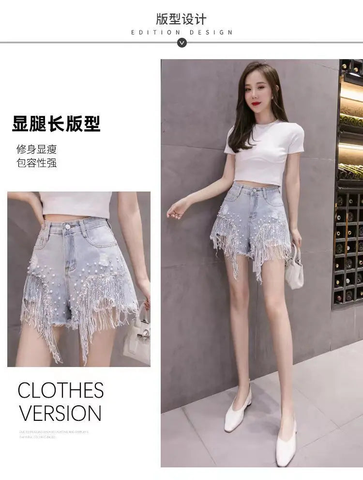 Summer New Style Personalized Denim Shorts for Women Internet Celebrity High Waist Diamond Sequins