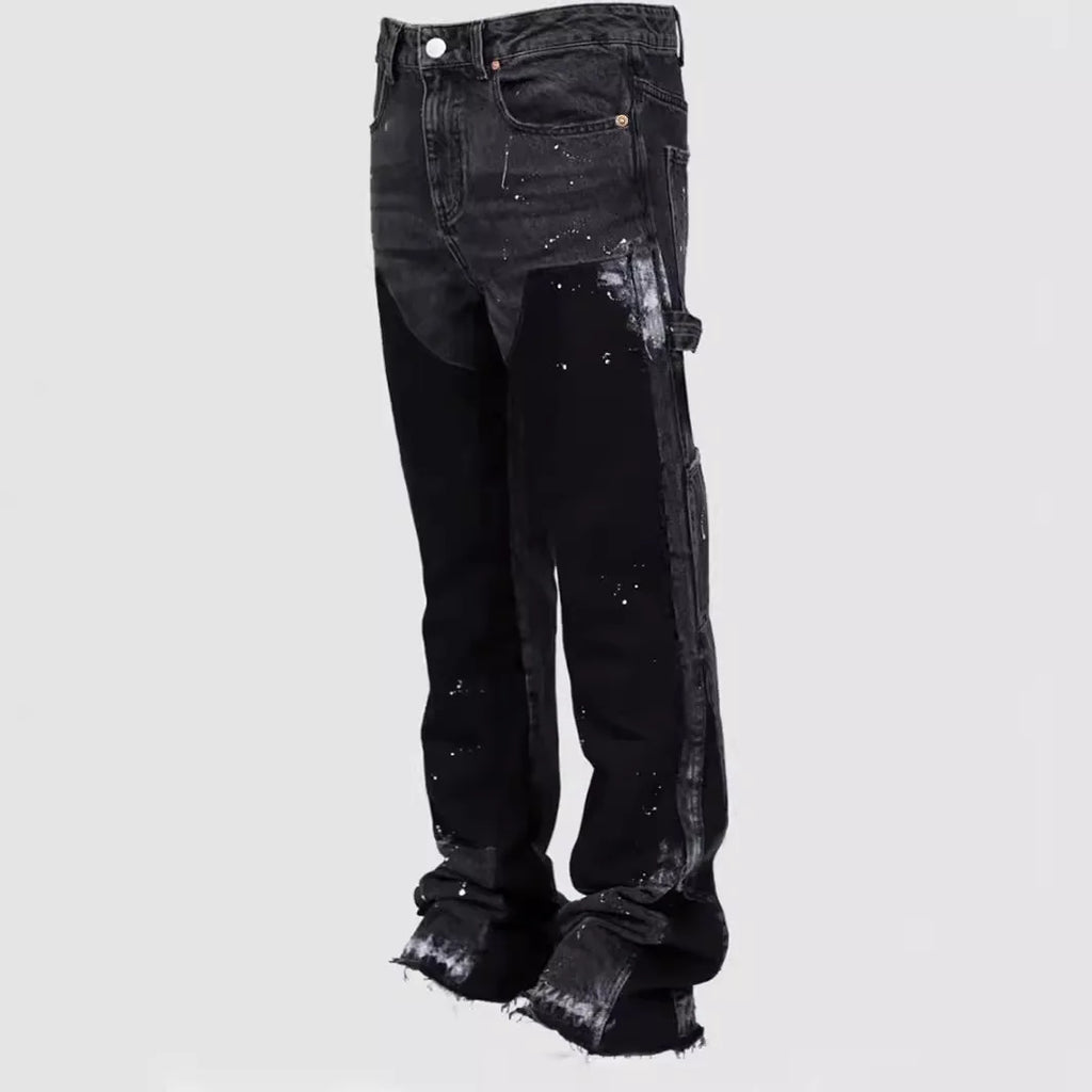 Mens Fashion Jeans Work Pants European American Style Workwear Elastic Patchwork Denim Layered Flared Pants S-XXL Streetwear