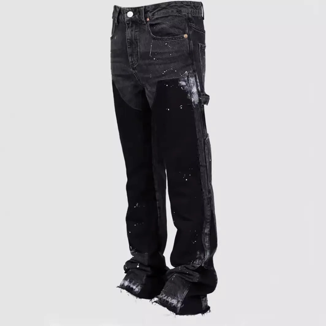 Mens Fashion Jeans Work Pants European American Style Workwear Elastic Patchwork Denim Layered Flared Pants S-XXL Streetwear
